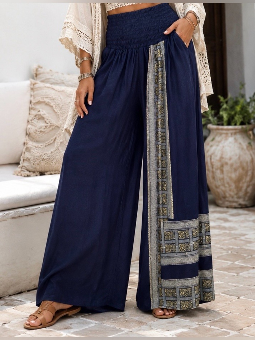 Navy Blue Boho OS Palazzo Pants Wide Leg Smocked Waist Elephant Print Preloved
